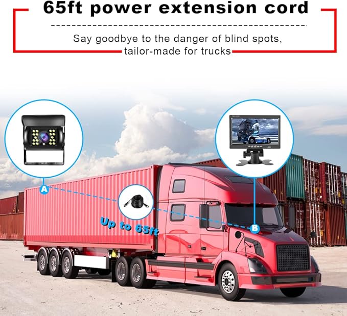 Hikity Backup Camera with Monitor Kit, Waterproof 18 IR LED Night Vision Reverse Camera + 7" Rear View Monitor Vehicle Parking System for RV Bus Trailer Truck (65ft Video Cable+ Cigarette Lighter)
