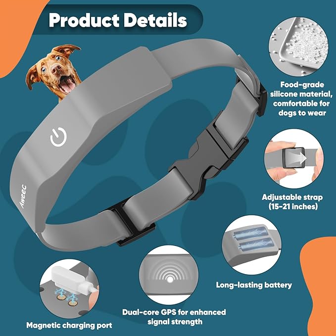 GPS Electric Dog Fence with Free App, Wireless Fence System with Training Collar, Portable Fence for Outdoor Use, Rechargeable Waterproof Flexiable Collar, Adjustable of Dogs (Grey)