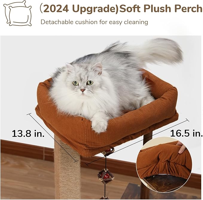 FUKUMARU Cat Scratching Post, Modern Style Cat Tree with Unique Square Post, Wooden Cat Tower with silvervine Balls, Retro Cat Condo Scratcher for Indoor Cats(Solid Wood)