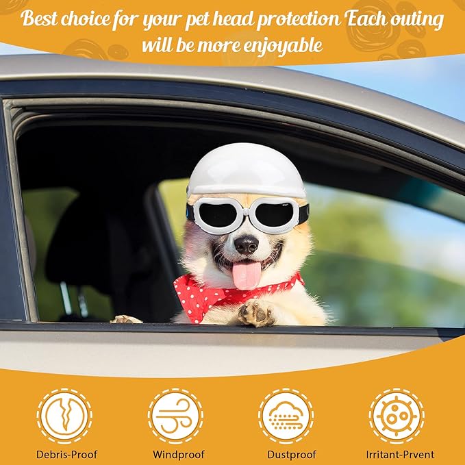 Frienda Dog Helmet and Goggles, UV Protection Doggy Sunglasses and 4 Inch Padded Puppy Motorcycle Helmet Adorable Dog Goggles with Adjustable Belt for Small Dogs Puppy Riding(White,S)