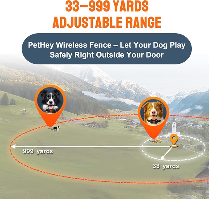 GPS Dog Collar Fence System. PetHey Wireless Dog Fence System, IPX7 Waterproof, 33–999 Yd Adjustable Boundary, Auto Memory Setting, Vibration & Shock Collar for Dogs, Dog Fencing Outdoor for Yard