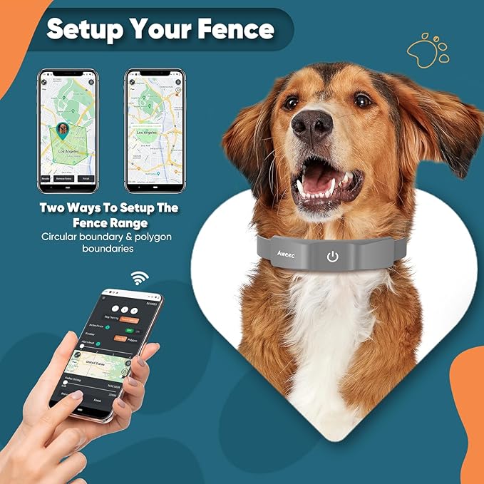 GPS Electric Dog Fence with Free App, Wireless Fence System with Training Collar, Portable Fence for Outdoor Use, Rechargeable Waterproof Flexiable Collar, Adjustable of Dogs (Grey)