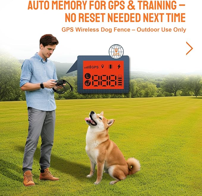 GPS Dog Collar Fence System. PetHey Wireless Dog Fence System, IPX7 Waterproof, 33–999 Yd Adjustable Boundary, Auto Memory Setting, Vibration & Shock Collar for Dogs, Dog Fencing Outdoor for Yard