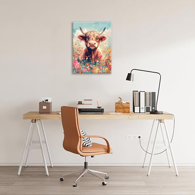 Highland Cow Wall Art Canvas Flower Cattle Wall Decor Prints Framed Painting Animal Pictures Gifts Artwork for Bathroom Living Dining Kitchen 12"x16"
