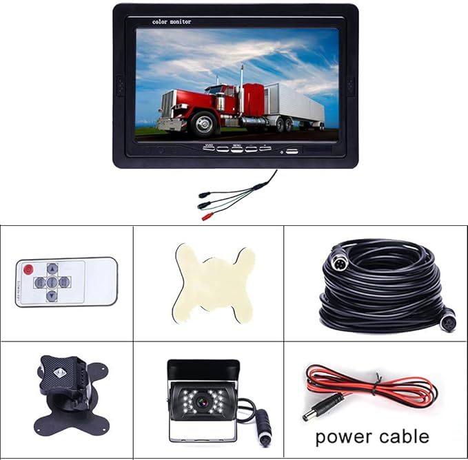 Hikity 7" Backup Camera with Monitor Kit, Waterproof 18 IR LED Night Vision Reverse Camera + Rear View Monitor Vehicle Parking System for RV Bus Trailer Truck (65ft 4-Pin Aviation Video Cable)