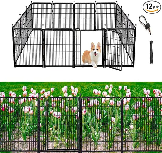 Garden Fencing 48in High, 12 Panels Total 26.6Ft(L) Dog Fence Outdoor for Yard, Gate 21 in Wide with Low Sills. Black Metal Fencing for Yard 4ft Tall, Garden Fences, Animal Barrier Fence