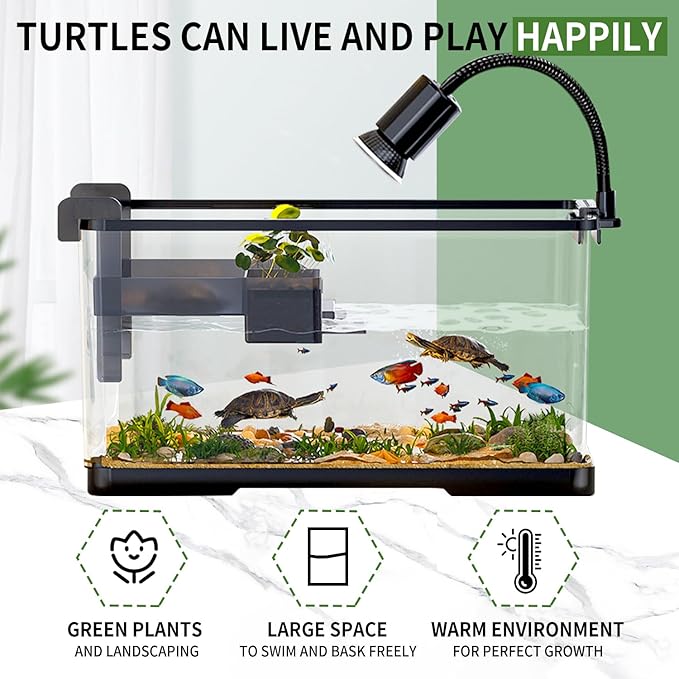 (Tank + Light + Filter + Filter Balls) Turtle Tank Kit, Turtle Tank Starter Kit,Bottom Drainage, Multi-Function Areas for Turtles, Crabs,Fishes, Amphibians,Reptiles. (15.75 x 8.64 x 8.64 Inch)