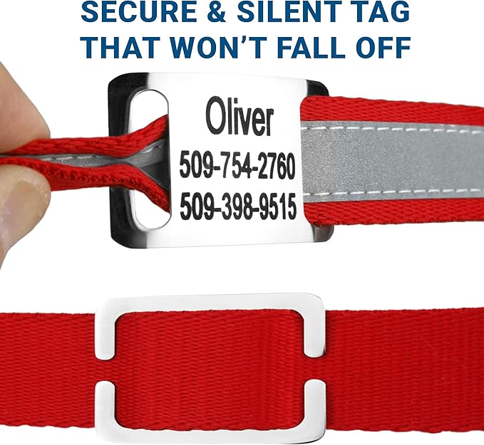 GoTags Reflective Personalized Dog Collar with Nameplate, Adjustable Dog Collar with Custom Engraved Steel Slide On Pet ID Tag, Silent, No Noise Dog Tag for Large Medium or Small (Red, Large)