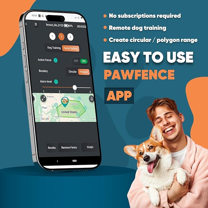 GPS Electric Dog Fence with Free App, Wireless Fence System with Training Collar, Portable Fence for Outdoor Use, Rechargeable Waterproof Flexiable Collar, Adjustable of Dogs (Grey)
