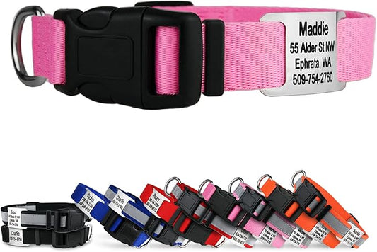 GoTags Personalized Dog Collar with Nameplate, Adjustable Dog Collar with Custom Engraved Slide On Pet ID Tag in Stainless Steel, Silent, No Noise Dog Tag for Large Medium and Small (Pink, X-Small)