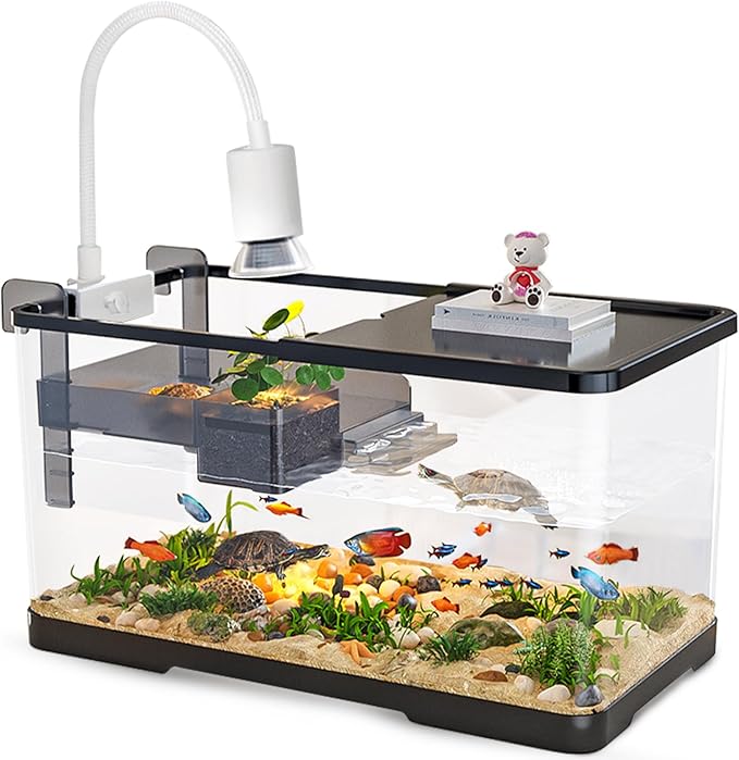 (Tank + Light + Filter + Filter Balls) Turtle Tank Kit, Turtle Tank Starter Kit,Bottom Drainage, Multi-Function Areas for Turtles, Crabs,Fishes, Amphibians,Reptiles. (15.75 x 8.64 x 8.64 Inch)