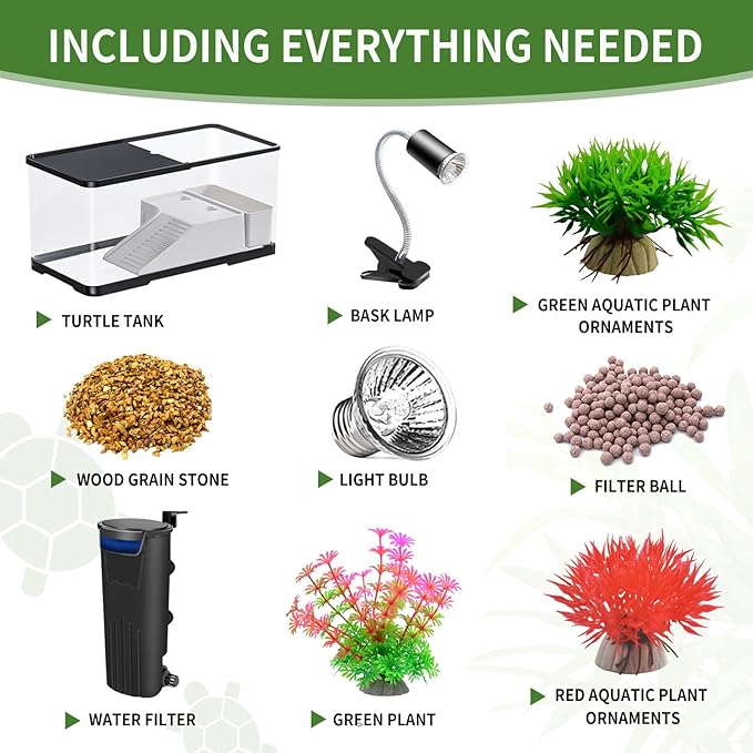 (Tank + Light + Filter + Filter Balls) Turtle Tank Kit, Turtle Tank Starter Kit,Bottom Drainage, Multi-Function Areas for Turtles, Crabs,Fishes, Amphibians,Reptiles.(21.65 × 12.28 × 12.28 Inch)