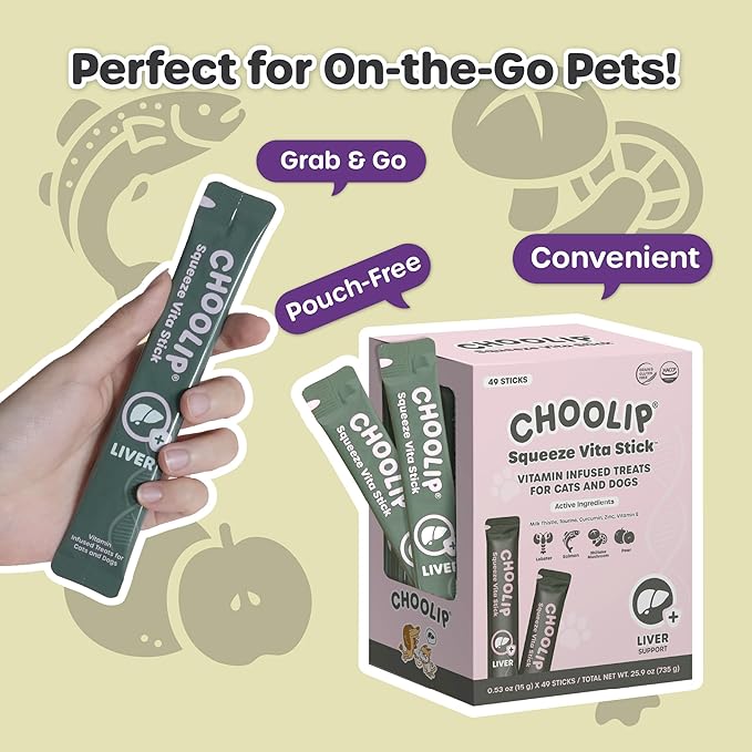 Grab & Go Squeeze Vita Stick Lickable Treats for Dogs & Cats. 49 Liver Support Sticks with Essential multivitamins. Soft and Tasty Paste for All Life Stages, Supporting Liver Health