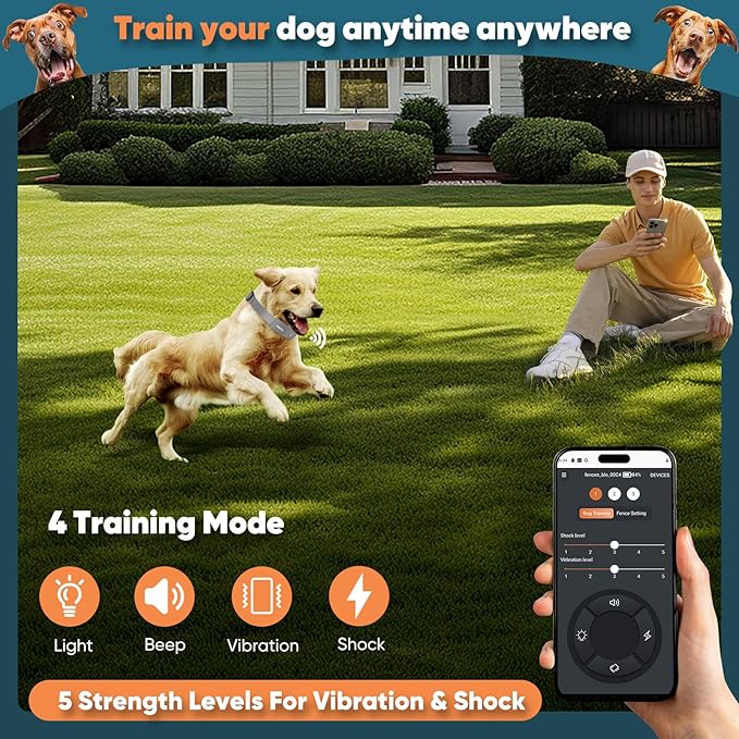 GPS Electric Dog Fence with Free App, Wireless Fence System with Training Collar, Portable Fence for Outdoor Use, Rechargeable Waterproof Flexiable Collar, Adjustable of Dogs (Grey)