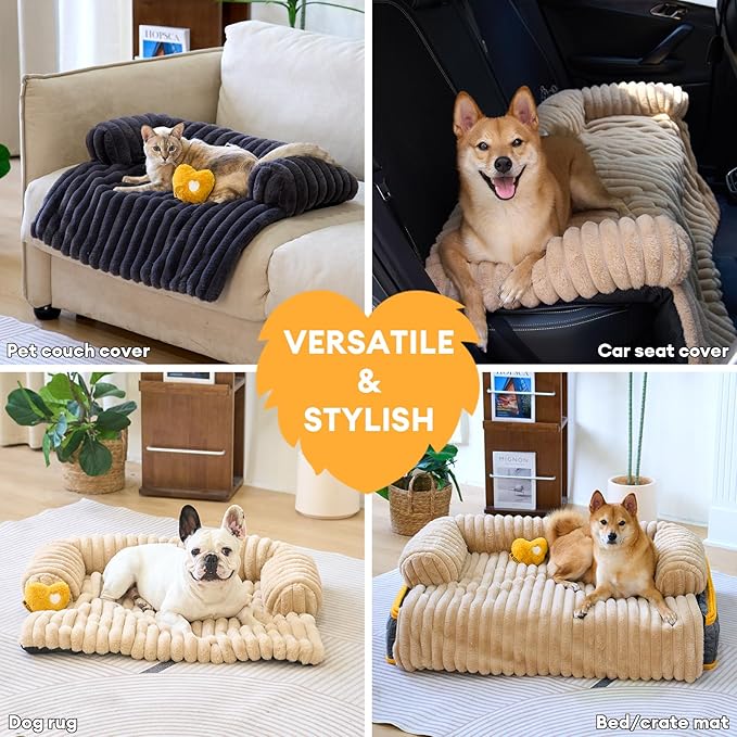 FUNNY FUZZY Pet Couch Cover for Sofa, Calming Dog Bed for Couch, Fluffy Plush Dog Couch Mat for Furniture Protector for Large Medium Small Pets, 47×37 in, Khaki