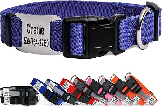 GoTags Personalized Dog Collar with Nameplate, Adjustable Dog Collar with Custom Engraved Slide On Pet ID Tag in Stainless Steel, Silent, No Noise Dog Tag (Lavender, Large)