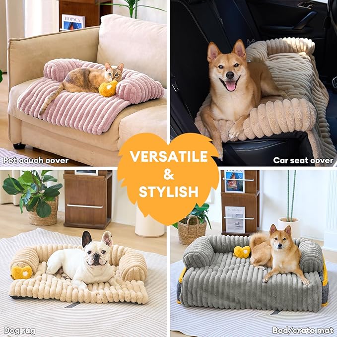 FUNNY FUZZY Pet Couch Cover for Sofa, Calming Dog Bed for Couch, Fluffy Plush Dog Couch Mat for Furniture Protector for Large Medium Small Pets, 47×37 in, Pink