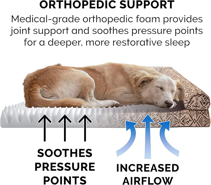 Furhaven Orthopedic Dog Bed for Large Dogs w/ Removable Bolsters & Washable Cover, For Dogs Up to 95 lbs - Plush & Southwest Kilim Woven Decor Sofa - Desert Brown, Jumbo/XL