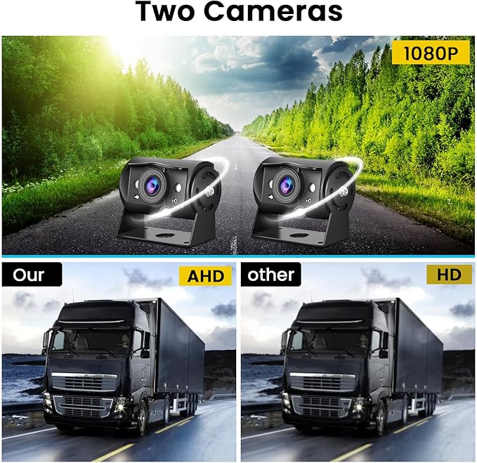 Hikity Dual Backup Camera Monitor Kit, 7'' 1080P RV Reverse Camera System for Trucks, SUV, Bus, Pickup, Plug & Play, Night Vision, Wide Angle, IP69 Waterproof Rear View Camera, (49.2ft Video Cable)